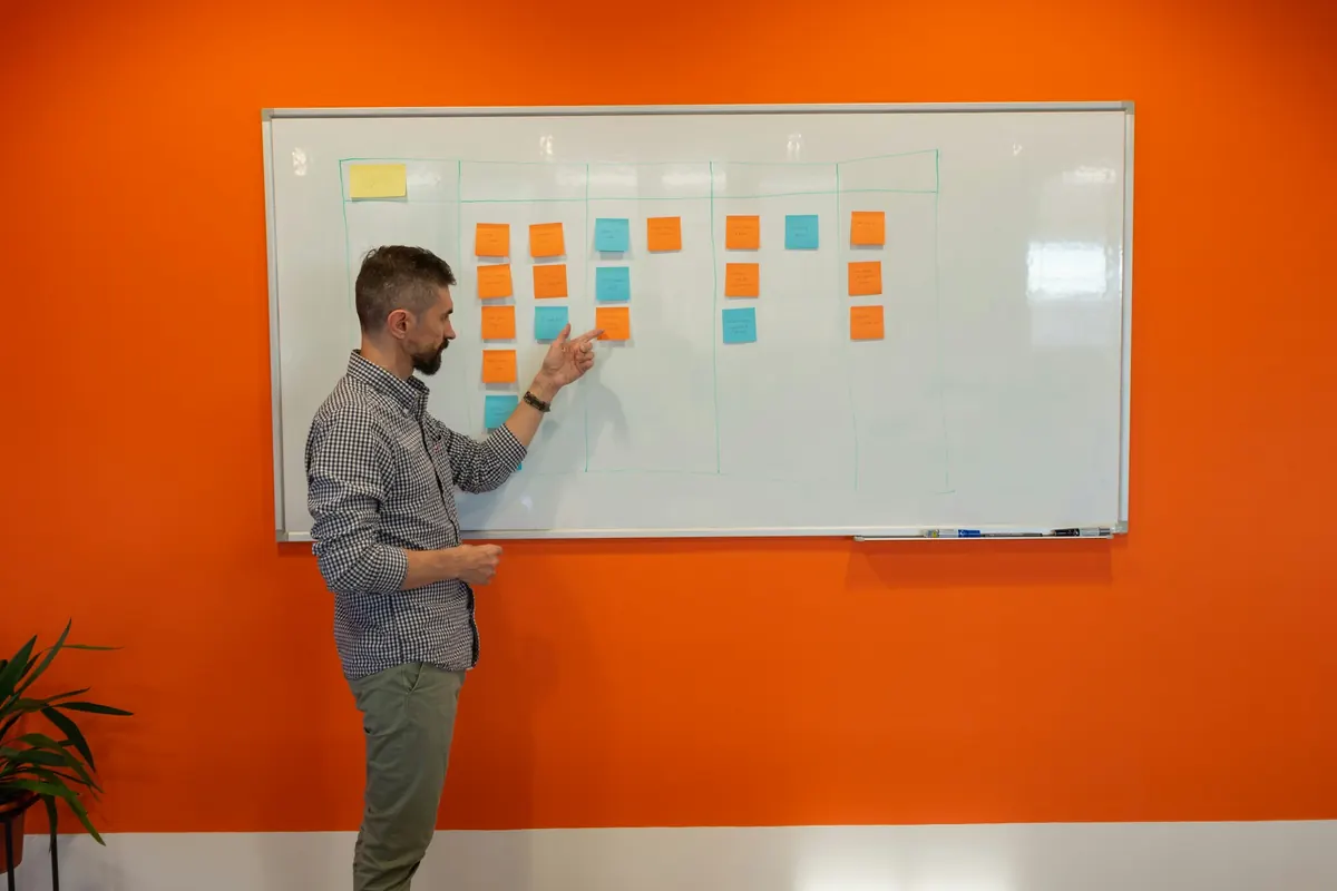 Un homme organise des notes adhésives sur un tableau blanc, devant un mur orange